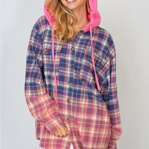 Dip Dye Plaid Button-Up Flannel with Pink Hood